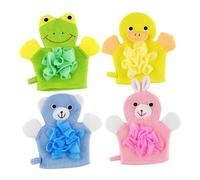 Toyvian Lot de 4 Moufles Exfoliants pour Garçon et Filles Motifs Dessin Animé Moufles de Doux pour Corps Tailles Adaptées Couleurs Jaune Canard Vert Grenouille Rose Lapin Bleu Ours