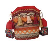 Toyvian Paquet Seau Bandoulière Femme Brodé En Tissu Rouge Fermeture Éclair, Paquet Pour Téléphone Et Shopping, Style Ethnique Bohème à Pompon, Taille Moyenne Pour Usage Quotidien Et Voyages