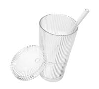 TOYZFRIENDY Grand Verre à Boire Verre Borosilicaté avec Couvercle et Paille Tasse Multifonction pour Thé Jus et Boissons Fraîches Design Rayé Transparent Pratique et