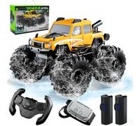 Toyzy Voiture Télécommandée Tout Terrain Amphibie, 4WD Voiture Stunt Tout-Terrain 360°Rotation Étanche Double Côté Monster Truck Jouet Enfant 6-12 Ans pour Sable, Eau, Jardin(Jaune)