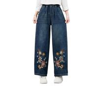 Tozamil Jean brodé pour femme - Taille moyenne - Jambe droite - Taille élastique - Pantalon en jean floral avec poches - Pantalon pour femme