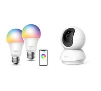 TP-Link Tapo Ampoule LED Connectée Tapo L530E(2-PACK), Ampoule LED E27 Multicolore 2500K-6500K 8.7W 806Lm & Tapo Caméra Surveillance WiFi intérieure 360° Tapo C200, FHD 1080P