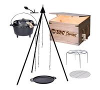 TP Premium BBQ Dutch-Oven Tripod Set de 7 pièces avec marmite, trépied, poêle en fonte, grille, accessoires et caisse en bois