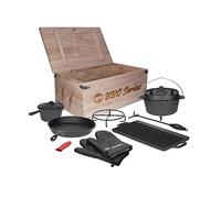 TP Premium Set BBQ en fonte, Four Néerlandais pré-assaisonné, 9 pièces avec Dutch Oven, poêle, rôtissoire, marmite, idéal pour camping, les grillades, cadeau dans une caisse en bois