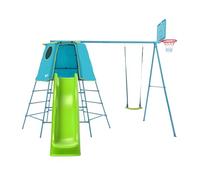 TP Toys Structure Explorer Métal Galvanisé - Toboggan Double Vague 220 cm - Portique Balançoire et Panier de Basket - Réglable 18 Mois à 12 Ans - Bleu/Vert - Jeu Extérieur