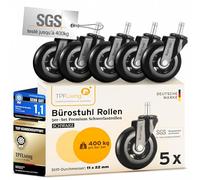 TPFLiving Roulettes de chaise de bureau de rechange pour parquet, moquette, sol dur 11x22 mm noir - charge maximale jusqu'à 400 kg - Invictus ProGlide lot de 5 roulettes