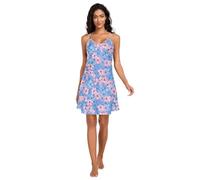 tplaotee Chemise de nuit d'été à plusieurs petites fleurs roses et bleu clair pour femme, robe de nuit confortable à col en V, vêtement de nuit sans manches pour femme, taille L