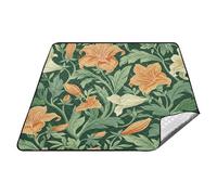tplaotee Couverture de camping imperméable vintage avec fleurs de lys oranges et feuilles vertes de style William Morris - Couverture de pique-nique portable pour l'extérieur - Cadeau d'été pour femme