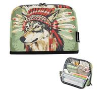 tplaotee Loup Western Cowboy Coiffe Tribal Indien Vert Trousse à crayons Grande capacité Trousse à cosmétiques Portable pour Adolescents Bureau estuche para lápices