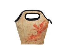 tplaotee Mini sac à déjeuner avec poignée incurvée, petite boîte à déjeuner étanche et portable pour plage, école, phénix, oiseau, peinture à l'encre chinoise, rouge et doré