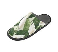 tplaotee Pantoufles d'intérieur chaudes avec mousse à mémoire de forme pour maison, chambre à coucher, motif fleurs de lys de paix, feuilles vertes, style minimaliste, Fleurs blanches de lys de la
