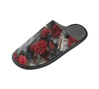 tplaotee Pantoufles d'intérieur chaudes pour femme avec mousse à mémoire de forme pour maison, chambre à coucher, Journaux Roses Rouges Art Rétro, 36/37 EU