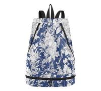 tplaotee Sac de plage délicat avec cordon de serrage Motif floral Religion Bleu foncé Petit sac à dos de gym avec compartiments humides et secs