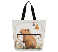 tplaotee Sac fourre-tout décoratif pour enfants et adultes, Sweet Capybara blanc résistant à l'eau pour bibliothèque, livres, sac de courses avec poignées à fermeture éclair pour l'école, le shopping