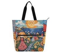 tplaotee Sac fourre-tout décoratif pour enfants, femmes, hommes, peinture artistique naïve de femme heureuse et élégante avec fleur, grand sac d'école, sac de plage, sac de courses avec fermeture