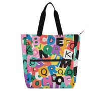 tplaotee Sac fourre-tout décoratif pour enfants, garçons et filles, adultes, motif de l'alphabet coloré, sac à main léger avec poches à fermeture éclair pour l'école, le travail, les voyages, les