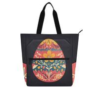 tplaotee Sac fourre-tout décoratif pour enfants, garçons et filles, motif œufs de Pâques, motifs artistiques, fleurs, imperméable, réutilisable, sac d'épicerie avec fermeture éclair pour l'école, le
