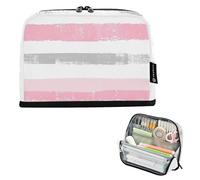 tplaotee Trousse à crayons rose et gris clair à rayures - Grande capacité - Trousse de maquillage pour adolescents - Indispensable pour l'école - Bolsad para herramientas