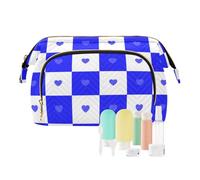 tplaotee Trousse de maquillage à motif de buffle à carreaux blancs et bleus en forme de cœur avec poignée, porte-monnaie portable pour femme, Motif carreaux Blanc/bleu, 1 size