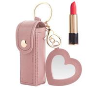 TPZORJX 1 Piece Portable Lipstick Pouch, Portable PU Leather, Travel Lipstick Pouch, Fashionable Mini Lipstick Pouch with Heart Makeup Mirror Pendant, Pink