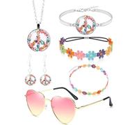 TPZORJX 6pcs 60s Accessoires Hippie, Annees 70 Bandeaux Bracelets en Perles Lunettes de soleil Colliers et Boucles d'oreilles de la Paix, Accessoires Hippie pour Halloween Soirée Disco