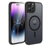 TQIAHF Magnétique Coque pour iPhone 14 Pro Max Étui avec 2 Verre Trempé Compatible avec MagSafe Militaire Antichoc Translucide Mate Case Housse Etui Protection pour iPhone 14 Pro Max,Noir