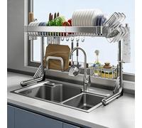 Tqoiozxa Organisateur d'évier télescopique en Acier Inoxydable 304, égouttoir à Vaisselle réglable de 53,2 à 84 cm avec Accessoires complets (Convient aux éviers Simples et Doubles)(Single-Layer)