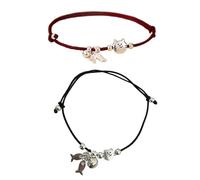 TQUXNGA Lot de 2 bracelets assortis en cordon noir et rouge avec motif chats et poissons faits à la main pour couples, amis, accessoires de couple sur le thème des animaux mignons, taille unique