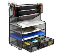 TQVAI 7 Compartiments Métal Corbeille a Courrier avec Organisateur Tiroir Organiseur de Bureau Porte Revue Bureau Trieur Documents A4 Rangement Papier Range Courrier avec 2 Pot a Crayon, Noir