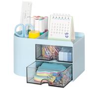 TQVAI Organisateur de Bureau Multifonctionnel, Pot a Crayon 3 Compartiments avec 2 Tiroir Coulissants, Rangement Papier, Porte-Stylo Grande Capacité pour Papeterie Livre Dossiers Ciseaux, Bleu