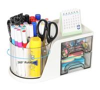 TQVAI Organisateur de Bureau Multifonctionnel Pot a Crayon Rotatif à 360 Degrés, Organiseur Bureau avec 6 Compartiments 2 Rangement Tiroir Coulissants, Rangement Papier, Blanc