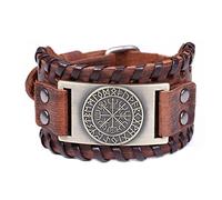 TQWSVUM Bracelet en Cuir Boussole Viking Runique Nordique-Bracelet Tressé en Cuir Large Fait À la Main en Métal Vegvisir Amulet -Hommes Femmes Vintage Slavic Cuff Bangle Bijoux