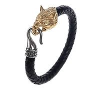 TQWSVUM Bracelet en Cuir de Loup Viking Nordique - Bracelet en Corde Tressée À Tête de Loup en Acier Inoxydable Fait À la Main pour Hommes - Bijoux Bracelet D'amulette Païenne d'animal Hip Hop