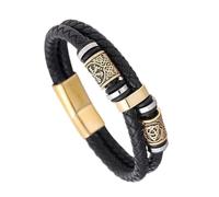 TQWSVUM Bracelet en Cuir de Perles Viking Vegvisir pour Hommes - Bracelet en Acier Inoxydable avec Nœud Celtique Et Boussole Tressé - Bracelet de Perles Vintage Nordique À Double Rangée(Gold_19CM)
