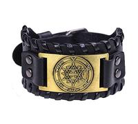 TQWSVUM Bracelet en Cuir Étoile De David, Hommes Vintage Hexagramme Boucle en Cuir Réglable Bracelet Large Bracelet, Salomon Protection Pouvoirs Magiques Amulette Bijoux