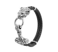 TQWSVUM Bracelet en Cuir Mjolnir Tête de Loup 3D Viking pour Homme - Bracelet Tressé Cuir Double Couche Marteau de Thor's en Acier Inoxydable - Bracelets Animaux Faits À la Main Bijoux Nordiques