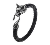 TQWSVUM Bracelet en Cuir Tête de Loup Viking pour Homme en Acier Inoxydable - Bracelet en Corde Tressée Mythe Nordique Odin Fenrir - Mode Rétro Moyen-Âge Gothique Manchette Bracelet Animal Bijoux