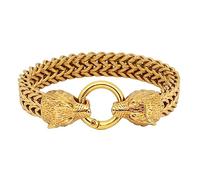 TQWSVUM Bracelet Loup Viking Nordique pour Homme -Bracelet de Manchette en Maille À Double Tête de Loup en Acier Inoxydable-Vintage Punk Rock Chunky Gothique Animal Fenrir Bracelet Bijoux(Gold,20CM)