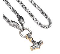 TQWSVUM Chaîne de Roi Tête de Corbeau en Acier Inoxydable avec Pendentif Mjolnir, Collier D'amulette Marteau Thor's Viking pour Hommes, Bijoux Scandinaves Celtiques Nordiques Faits À la Main