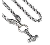 TQWSVUM Chaîne de Roi Tête de Corbeau en Acier Inoxydable avec Pendentif Mjolnir, Collier D'amulette Marteau Thor's Viking pour Hommes, Bijoux Scandinaves Celtiques Nordiques Faits À la Main