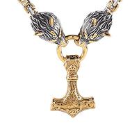 TQWSVUM Collier en Acier Inoxydable Double Couleur Tête de Loup Mjolnir Kings pour Hommes, Nordique Viking Odin Corbeau Marteau Thor's Noeud Celtique Totem Amulette Pendentif Bijoux