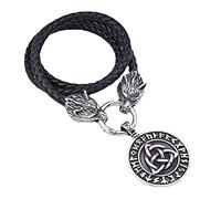 TQWSVUM Collier Pendentif Arbre de Vie avec Nœud Celtique Runes Nordiques - Collier Tressé en Cuir Tête de Loup en Acier Inoxydable pour Homme - Bijoux Amulette Vintage Gothique Médiéval