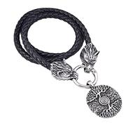 TQWSVUM Collier Pendentif Arbre de Vie avec Nœud Celtique Runes Nordiques - Collier Tressé en Cuir Tête de Loup en Acier Inoxydable pour Homme - Bijoux Amulette Vintage Gothique Médiéval