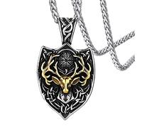 TQWSVUM Collier Pendentif en Bois de Cerf Viking, Bicolore en Acier Inoxydable Tête de Cerf Bouclier Rune Talisman, Hommes Femmes Rétro Mythologie Celtique Boussole Totem Bijoux Nordiques