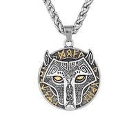 TQWSVUM Collier Rune Tête de Loup Odin Viking Nordique - Pendentif Loup Celtique Or Mixte Acier Inoxydable pour Homme - Fait Main Vintage Fenrir Totem Animal Amulette Bijoux Cadeau