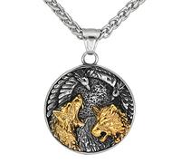 TQWSVUM Collier Viking Nordique Odin Loup Corbeau - Pendentif Fenrir Double Couleur en Acier Inoxydable pour Homme - Fait Main Vintage Pirate Païen Animal Amulette Bijoux Cadeaux