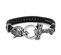 TQWSVUM Homme Viking Mjolnir Wolf Head Bracelet en Cuir Tressé,Amulette Marteau D’Odin Thor's en Acier Inoxydable Nordique, Vintage Double Couche Noir Tressé Corde Bracelet Bijoux