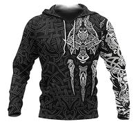 TQWSVUM Hommes Viking Odin Fenrir Celtic Wolf Tatouages À Capuche Pull À Capuche, Hauts À Manches Longues Païens Moyen Âge, Sweats À Cordon de Poche Respirant Unisexe