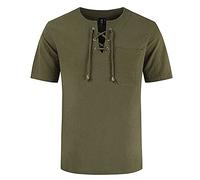 TQWSVUM Mode Masculine Plus Taille T-Shirt Coton Lin Tee, Médiéval Viking Pirate Manches Courtes Lace Up Chemise, Summer Beach V-Neck Yoga Top Holiday Casual Blouse