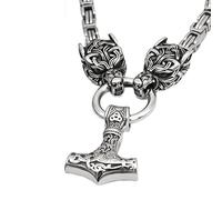 TQWSVUM Mythologie Nordique Loup Celtique Mjolnir Collier - Tête de Loup Irlandais en Acier Inoxydable Marteau Thor's Pendentif Amulette - Hommes Viking King Chain Celtic Pagan Jewelry